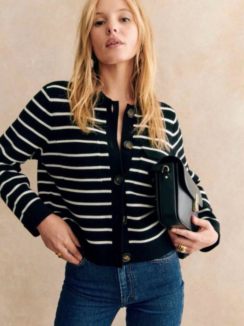 Sézane Betty Cardigan Black / White Stripes Small